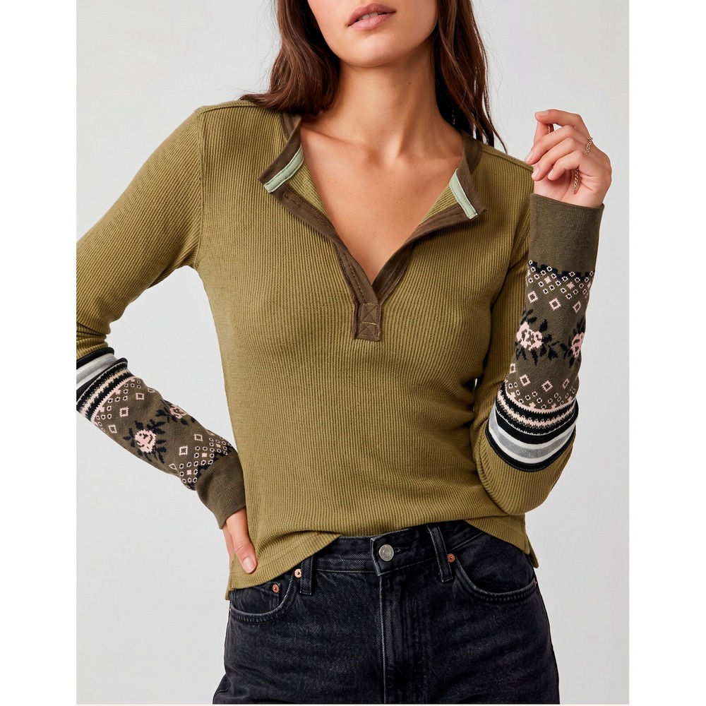 Free People  Thermal Top Women's S Olive Boho Floral Fair Isle Cuff Long Sleeve